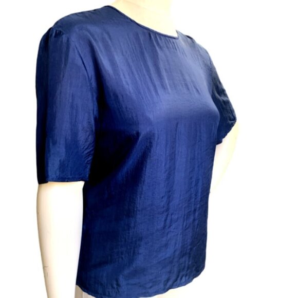 Jonathan Martin Silk Short Sleeve Crew Neck Tee Top Blouse Sz S Navy Blue 3A - Picture 2 of 7